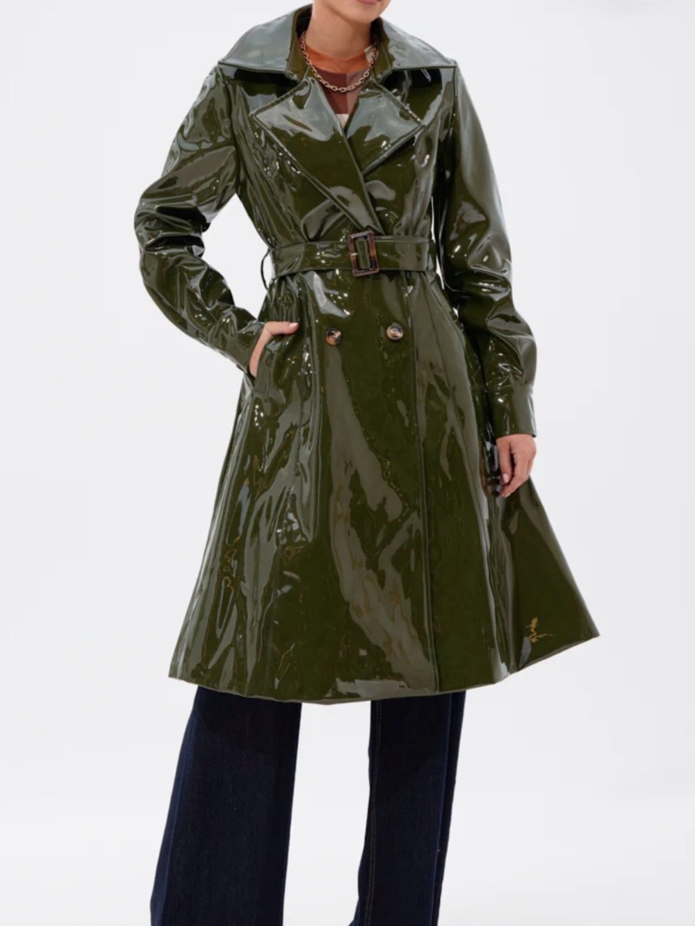 AKIRA MITICA PATENT TRENCH IN OLIVE Size LL - Picture 2 of 6